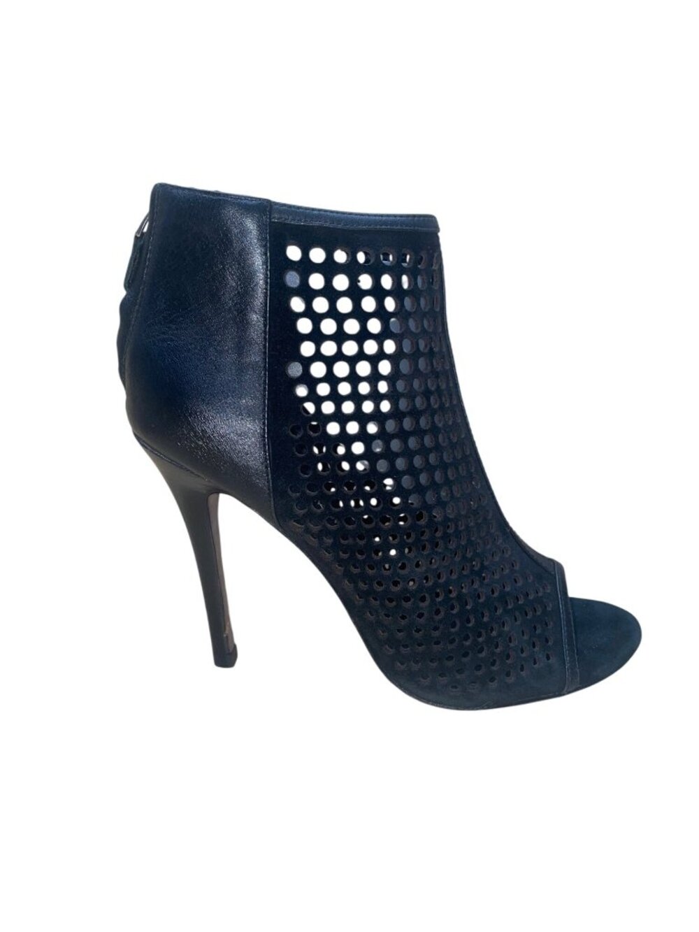 Rebecca Minkoff Women’s Black Leather Perforated Open-Toe High Heel Booties Size